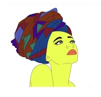 a woman wearing a colorful turban